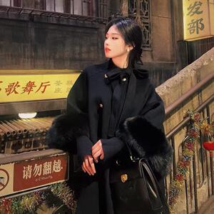 富贵花双面羊绒大衣女2024秋冬新款高端狐狸毛斗篷小个子毛呢外套
