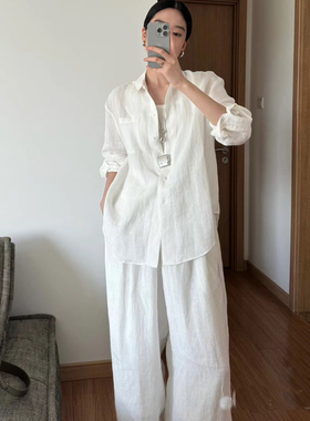 老钱风亚麻套装女衬衣夏季新款防晒白色裤子棉麻衬衫高级感阔腿裤