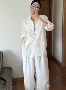 100%亚麻白衬衫女老钱风裤子套装