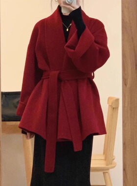 红色大衣短款双面羊绒2026春秋季高级感复古小个子毛呢外套女结婚