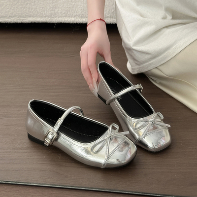 法式银色玛丽珍平跟蝴蝶结单鞋