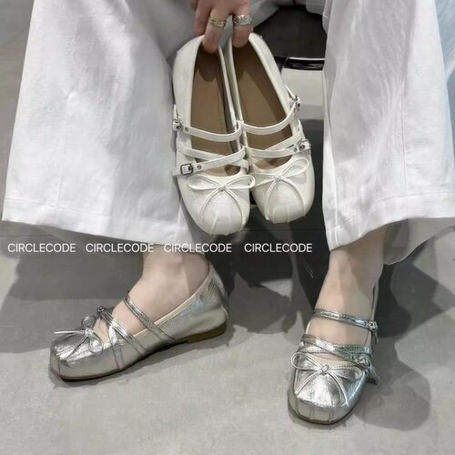 内增高法式银色玛丽珍平底单鞋