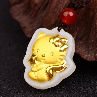 天然和田玉小猫吊坠金镶玉KT猫挂件足金玉石玉佩正品 坠子项链