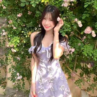 歇一字气质感肩茶高级碎花连衣裙小飞袖 法式 绝美收腰显瘦度假短裙