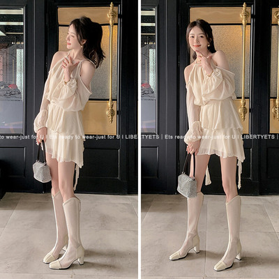 欧美网红靴子网靴女2023新款真皮高筒凉靴浅色女式洞洞鞋显瘦