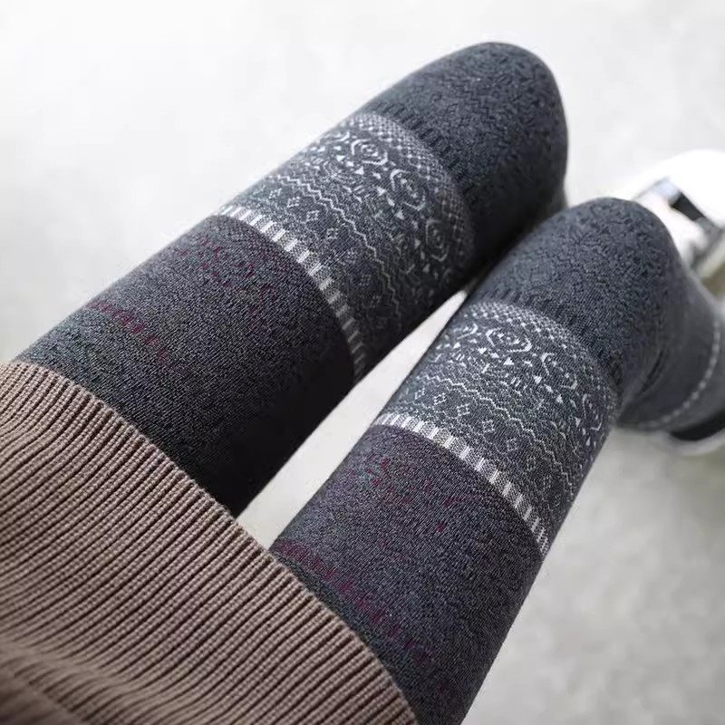 高腰加绒加厚印花图案踩脚打底裤冬纯棉针织图腾外穿保暖九分裤女