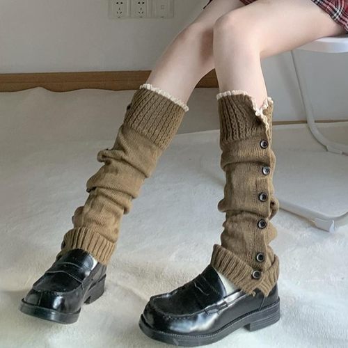 灰色针织堆堆袜套JK纽扣款