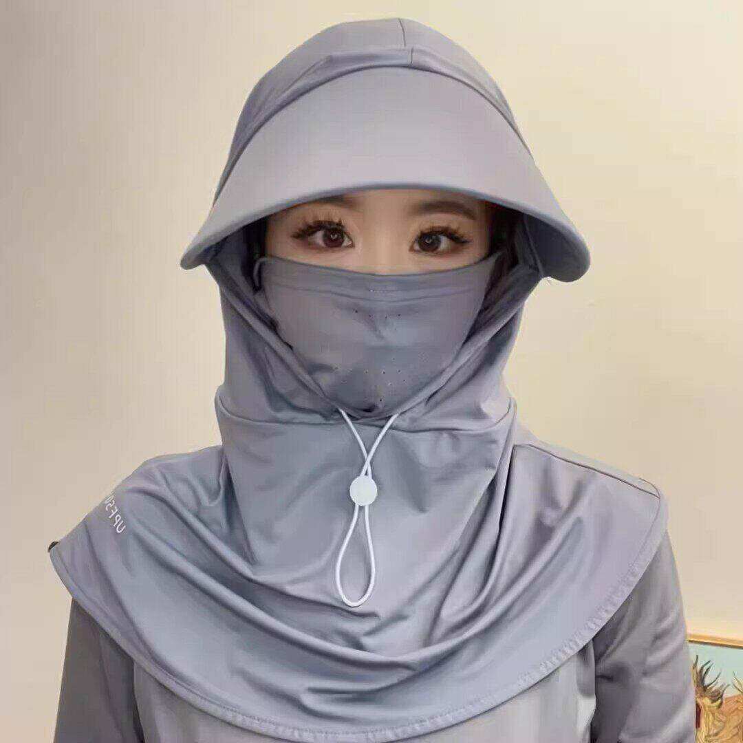 防晒帽女夏季冰丝面罩一体遮阳大帽檐凉帽紫外线护颈遮脸太阳帽子