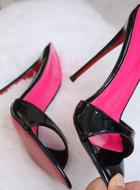 红底细高跟一字拖鞋露趾尖头浅口玫红色里漆皮性感CD大码反串13CM