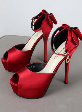 红色绸缎面宴会细高跟鞋中空一字凉鞋 鱼嘴蝴蝶结礼服婚鞋12-14cm