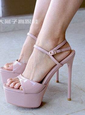 裸色漆皮凉鞋恨天高防水台超高跟鞋细跟一字带露趾14CM小个子宴会