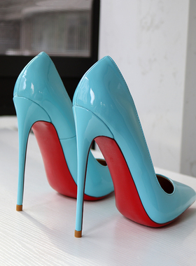 红底 湖蓝色漆皮尖头超高跟鞋单 细跟浅口夜店法式大小码欧美13CM