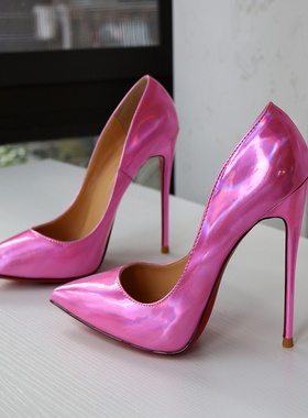 红底超高跟鞋玫粉红色镭射电光漆皮浅口名媛宴会公主变装大码12cm