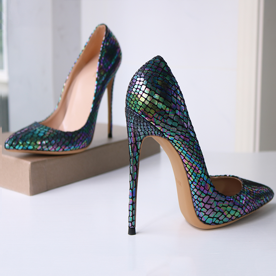 彩色镭射石头纹超浅口尖头高跟鞋