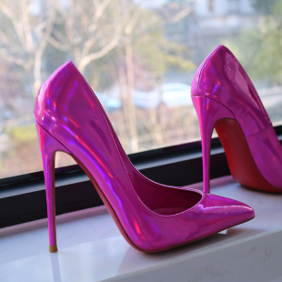 玫红色镭射镜面性感高跟鞋 13CM 2025欧美红底尖头超浅口名媛CD大码