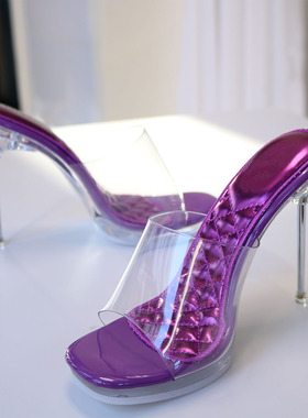 超细钢铁跟水晶高跟凉鞋一字拖鞋性感夜店走秀大码紫色防滑底12CM