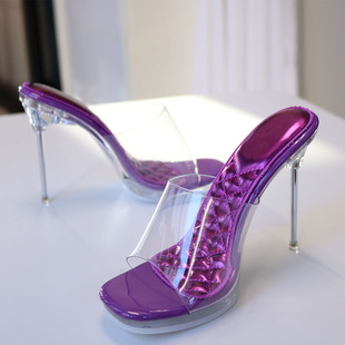 超细钢铁跟水晶高跟凉鞋一字拖鞋性感夜店走秀大码紫色防滑底12CM