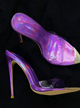 紫色细高跟一字拖鞋透明性感显瘦13公分凉拖鞋模特走秀CD大码小码