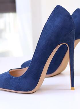 深蓝色绒面细跟尖头高跟鞋超浅口气质名媛法式小大码定制宴会13CM