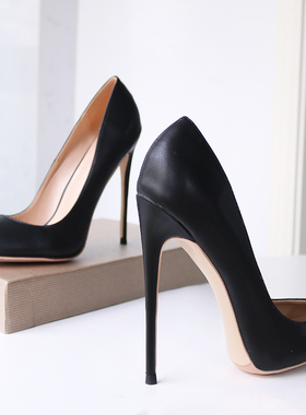 黑色哑光软皮圆头高跟鞋女12CM细跟超浅口定制大码法式简单百搭CD