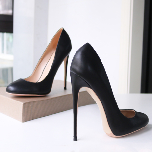黑色哑光软皮圆头高跟鞋女12CM细跟超浅口定制大码法式简单百搭CD