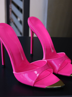 恨天高凉拖鞋玫红色漆皮一字拖鞋细跟超高跟13厘米气质时尚大码CD