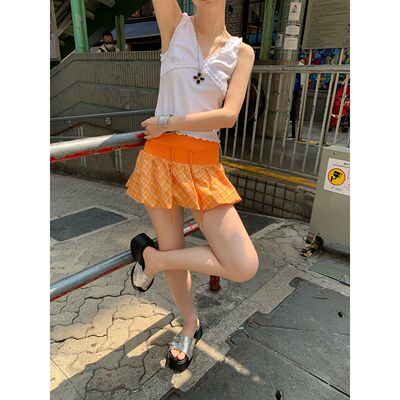 海边度假风性感格纹花苞短裙女秋季设计感高腰绑带甜辣妹裙子