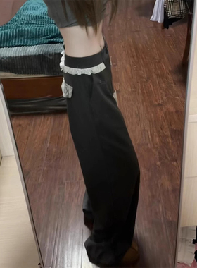 美式设计感灰色蕾丝花边西装裤春夏高腰休闲垂感直筒拖地阔腿长裤