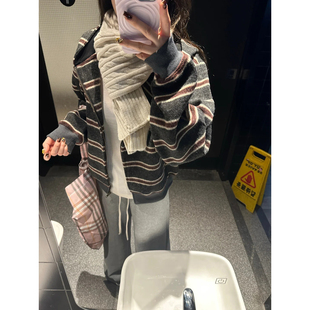 ASHENONLINE 野莓甜甜圈 美式复古条纹卫衣设计感连帽外套开衫女