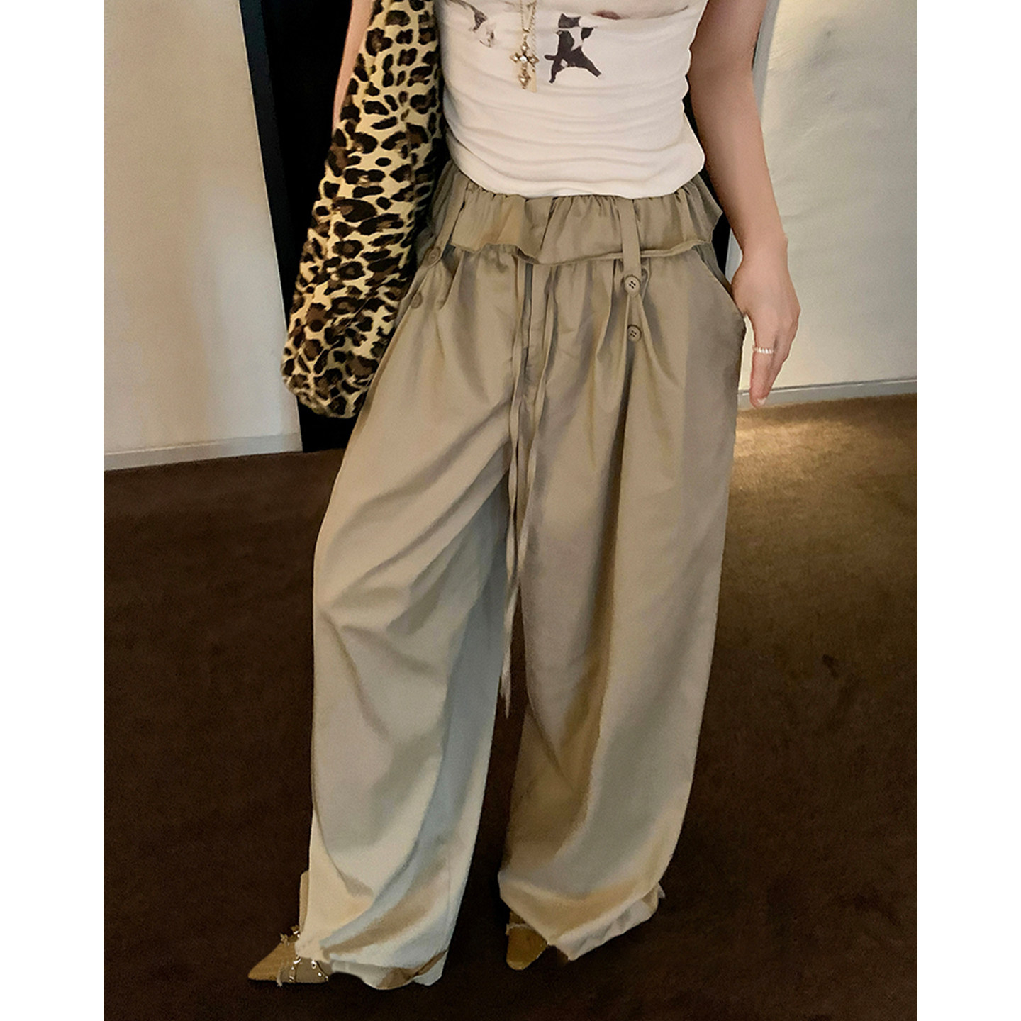 Okaaay美式慵懒松弛翻边设计花苞腰头气球裤薄松紧腰阔腿裤女长裤,女装/女士精品,休闲裤,淘宝优惠券,粉丝福利购,淘宝优惠卷