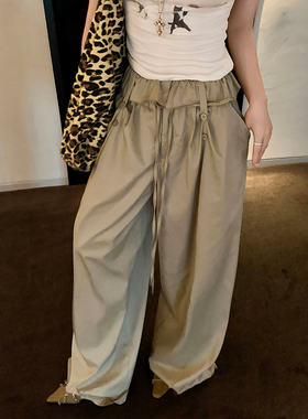 Okaaay美式慵懒松弛翻边设计花苞腰头气球裤薄松紧腰阔腿裤女长裤