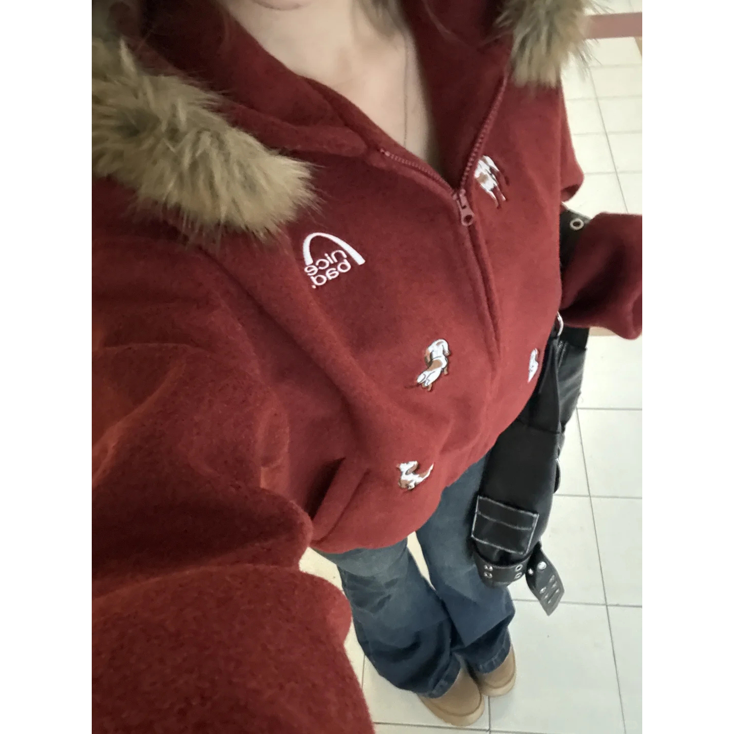 NICEBAD 美式复古腊肠狗绣花毛领外套夹克简约长袖春秋毛呢卫衣潮