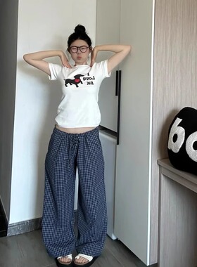 huffnpuff 复古蓝色格子休闲裤女夏季慵懒风高腰显瘦直筒阔腿长裤