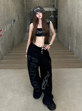 no E mosen美式高街字母火焰飘带休闲卫裤女夏黑色宽松直筒阔腿裤