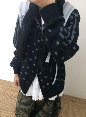 innomoood 美式复古黑色星星印花立领运动卫衣外套女秋冬拉链开衫