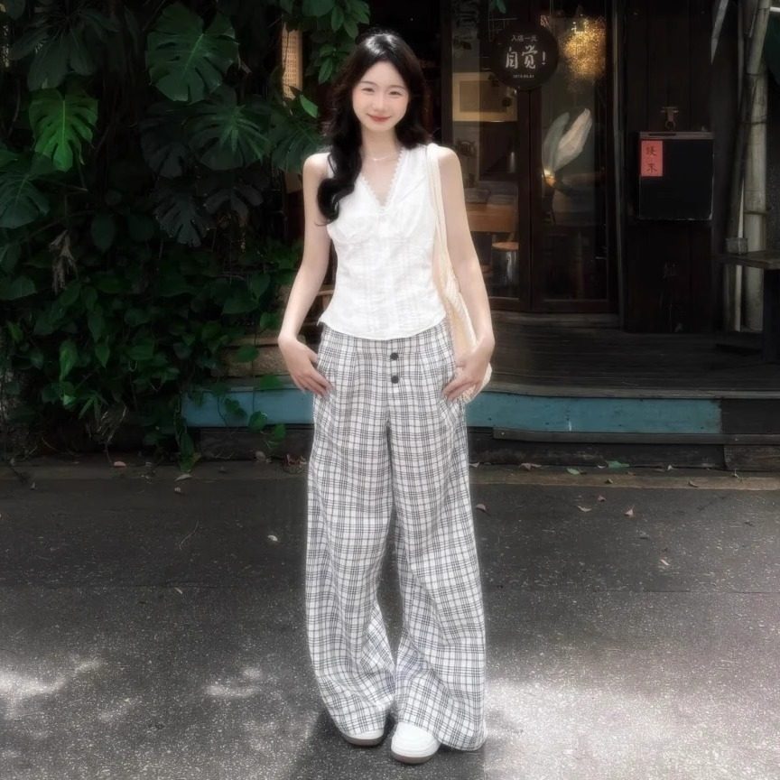 RPB Brand 美式复古格子裤女夏松紧腰宽松阔腿裤垂坠感直筒拖地裤