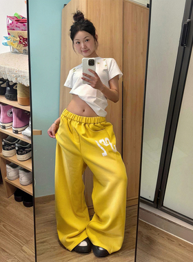 美式街头字母黄色直筒卫裤女夏季新款运动宽松阔腿裤街舞休闲长裤