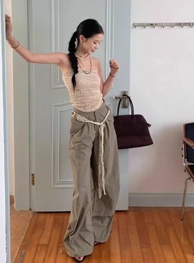 CYNR复古感小蛮腰串珠编织腰带休闲裤女夏季低腰松弛感工装阔腿裤