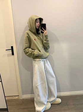 白灰色阔腿休闲拖地长裤女加绒卫裤宽松春秋冬加厚美式直筒运动裤