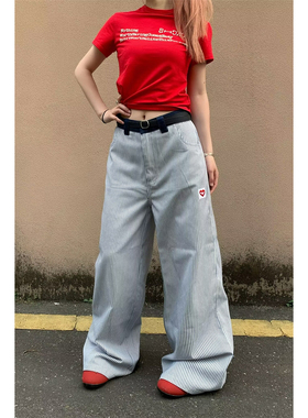 URKR 蓝色竖条纹裤子女夏季薄款爱心刺绣阔腿弯刀裤直筒休闲长裤