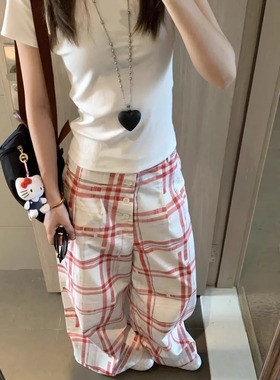 Safariii美式复古格子阔腿裤女夏直筒休闲裤宽松弛感老钱风长裤子