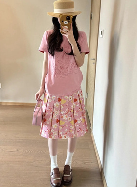 美式复古粉色碎花半身裙女2025春夏新款百搭休闲高品质百褶裙中裙