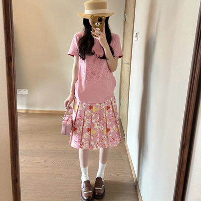 美式复古粉色碎花半身裙女2025春夏新款百搭休闲高品质百褶裙中裙