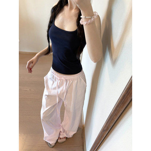 SUNONEONE 韩系慵懒本布抽绳棉麻粉色阔腿裤女夏显瘦薄宽松休闲裤
