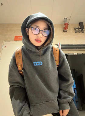 ATRY 美式高街深灰色字母刺绣连帽卫衣女秋季2025新款宽松上衣潮