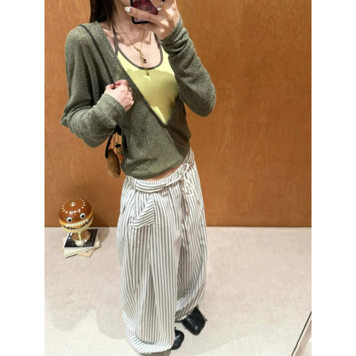 RUNWAY TICKET美式复古慵懒条纹休闲裤女夏季薄款松弛感阔腿长裤