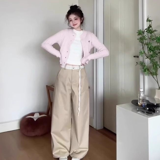 卡其色蕾丝拼接阔腿西装休闲裤女2025春季高腰宽松直筒拖地长裤子