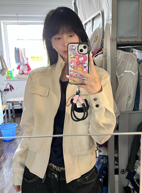 ATMOAOSU“AP雅杏”美式复古拼接设计麂皮外套女修身短款机车夹克