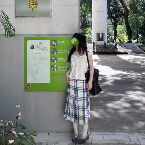 laugh out loud高品质清新大蓝格一片式百褶中裙可调节半身裙夏季