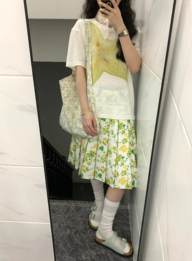 美式复古花卉百褶半身裙女夏季新款设计感小众重工百搭碎花中裙女